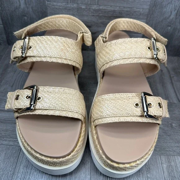 Madden Girl Sandals Womens 9.5 Natural Raffia Platform Buckle Flatform NEW - Picture 4 of 8